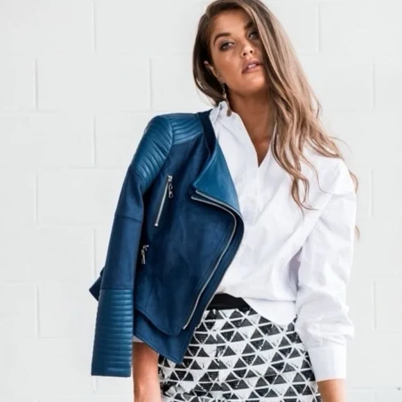 IVORY & CHAIN Women’s Navy Blue Moto-Style ‘Bessy Biker Jacket’ - NWOT - Picture 2 of 10